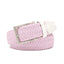 Pink braided belt folded with a rectangular single-prong buckle and leather tip