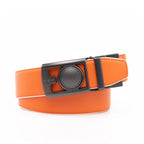 Orange belt folded with a rectangular gunmetal buckle and white reverse side