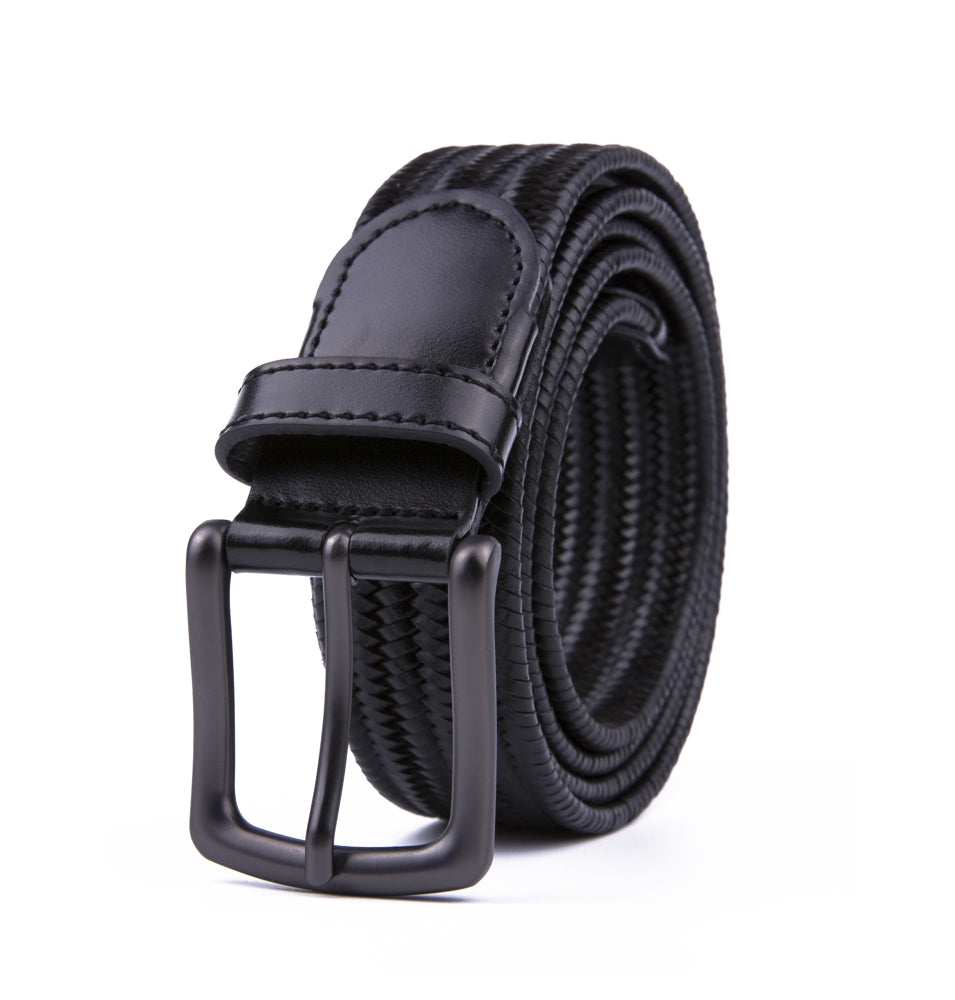 Black Woven Leather Trim Single Prong Buckle Men's Belt Secondary image