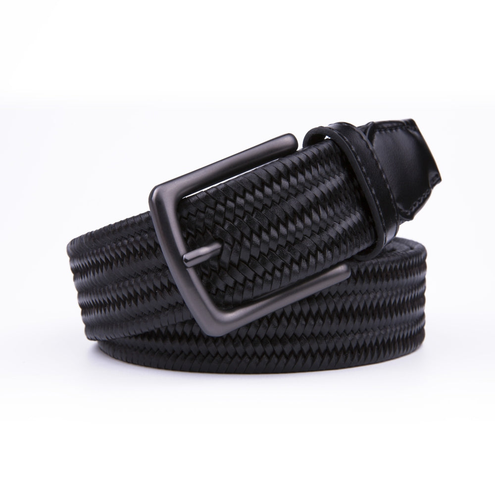 Black Woven Leather Trim Single Prong Buckle Men's Belt Main image