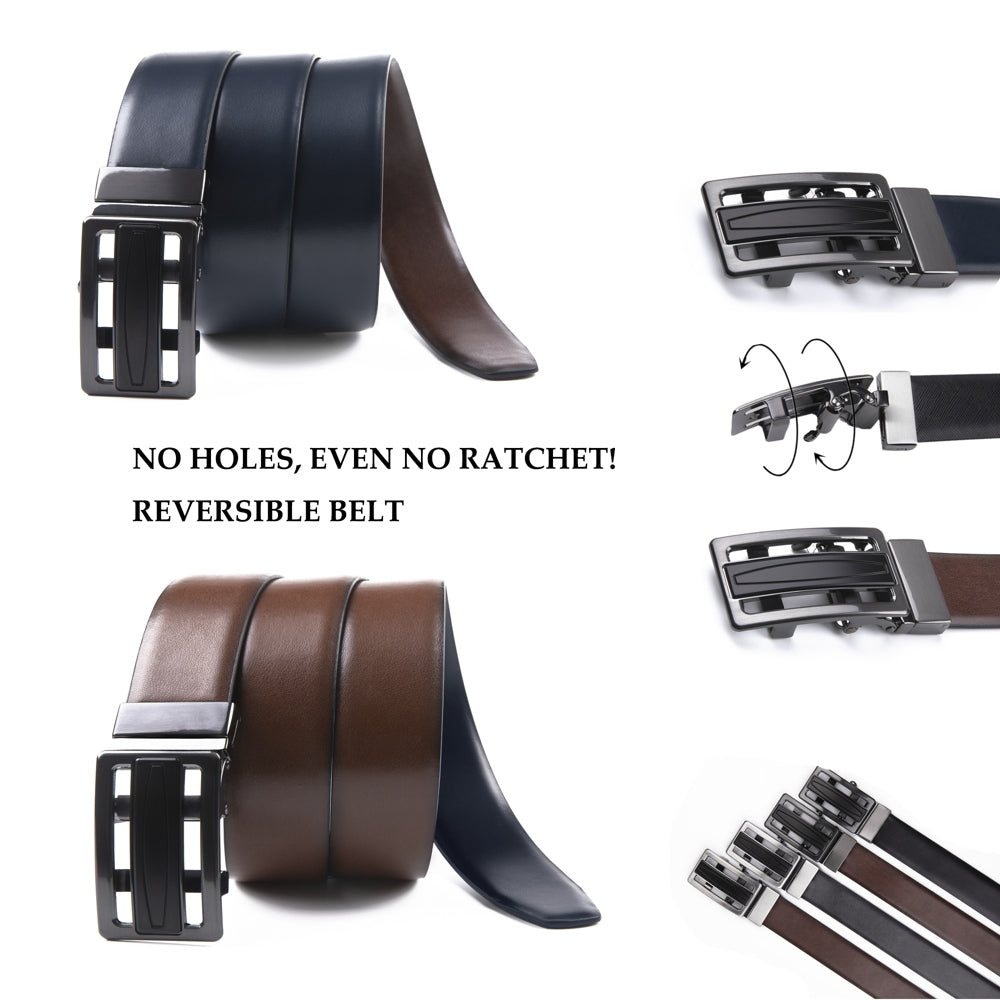 Reversible No-Ratchet Auto-Lock Buckle Business Leather Belt for Men