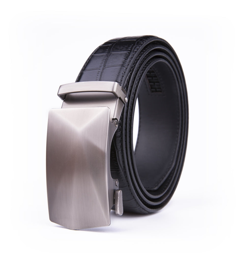 Geometric Cut Brushed Ratchet Buckle Crocodile Texture Men's Belt