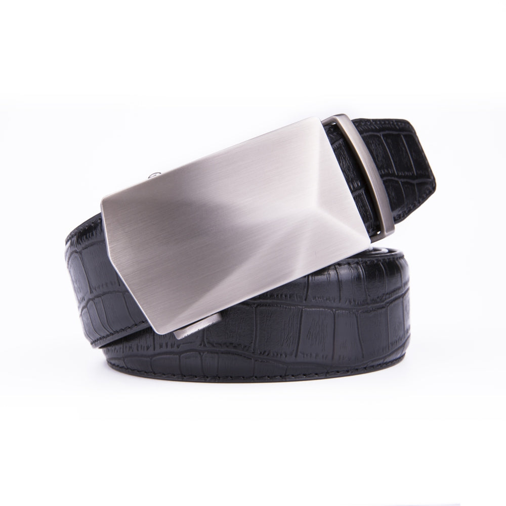 Geometric Cut Brushed Ratchet Buckle Crocodile Texture Men's Belt Main image