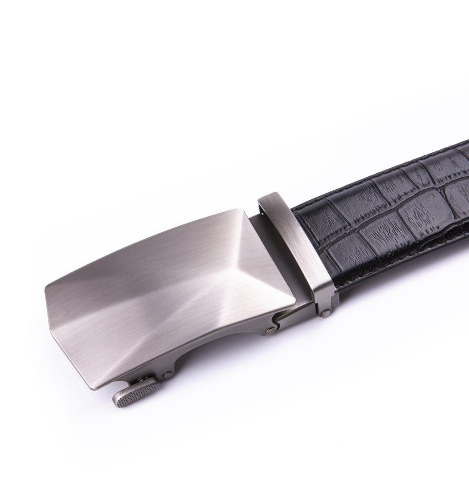 Geometric Cut Brushed Ratchet Buckle Crocodile Texture Men's Belt