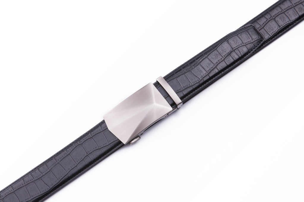Geometric Cut Brushed Ratchet Buckle Crocodile Texture Men's Belt