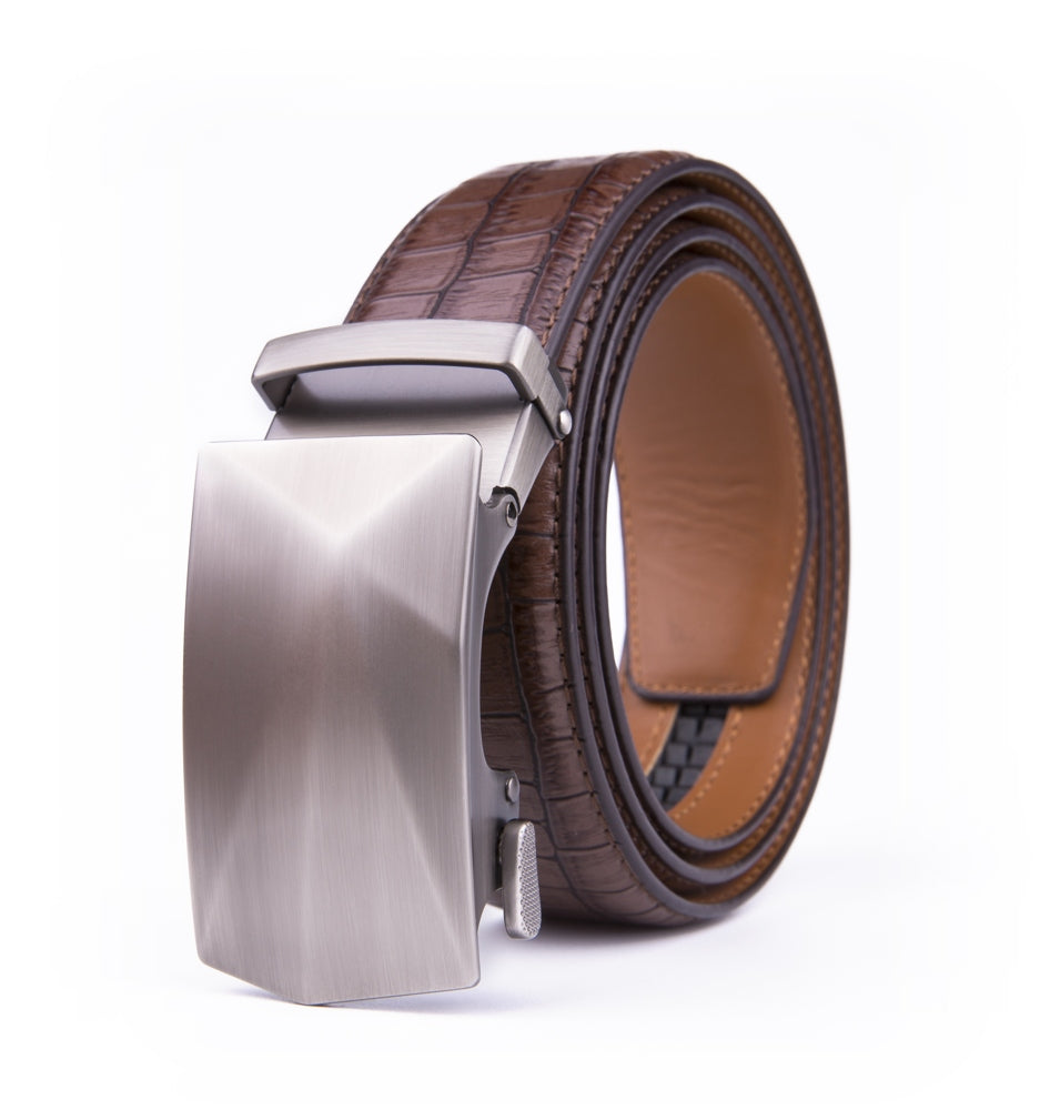 Geometric Cut Brushed Ratchet Buckle Crocodile Texture Men's Belt