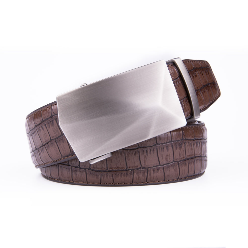 Geometric Cut Brushed Ratchet Buckle Crocodile Texture Men's Belt