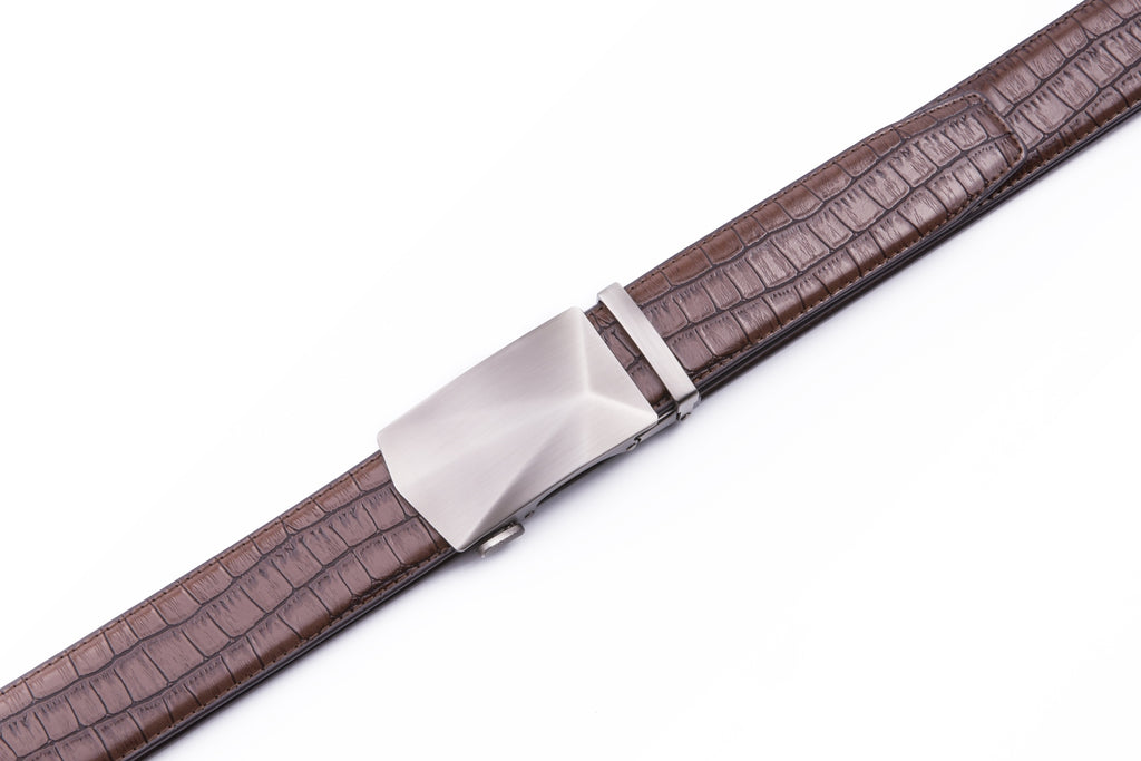 Geometric Cut Brushed Ratchet Buckle Crocodile Texture Men's Belt