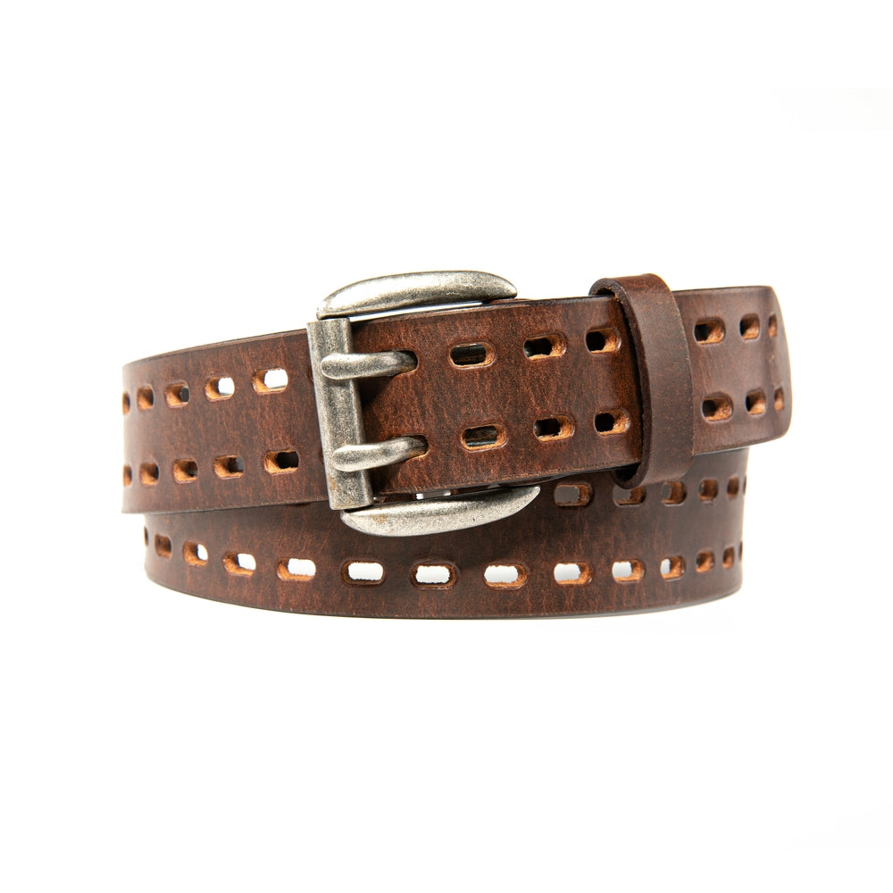 Vintage Distressed Double Prong Top Grain Leather Men's Belt