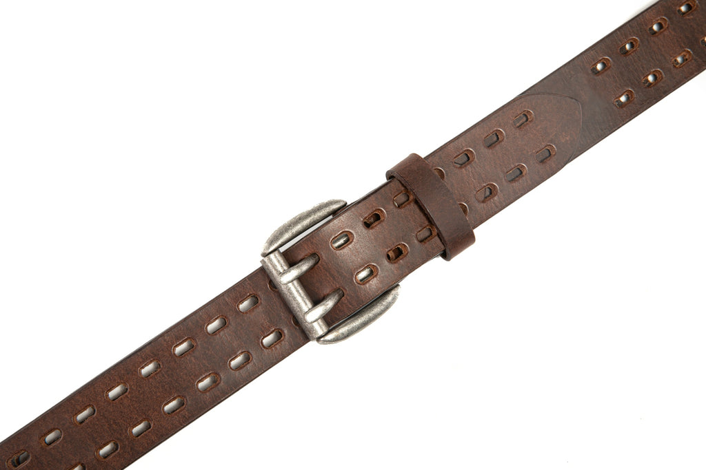Vintage Distressed Double Prong Top Grain Leather Men's Belt