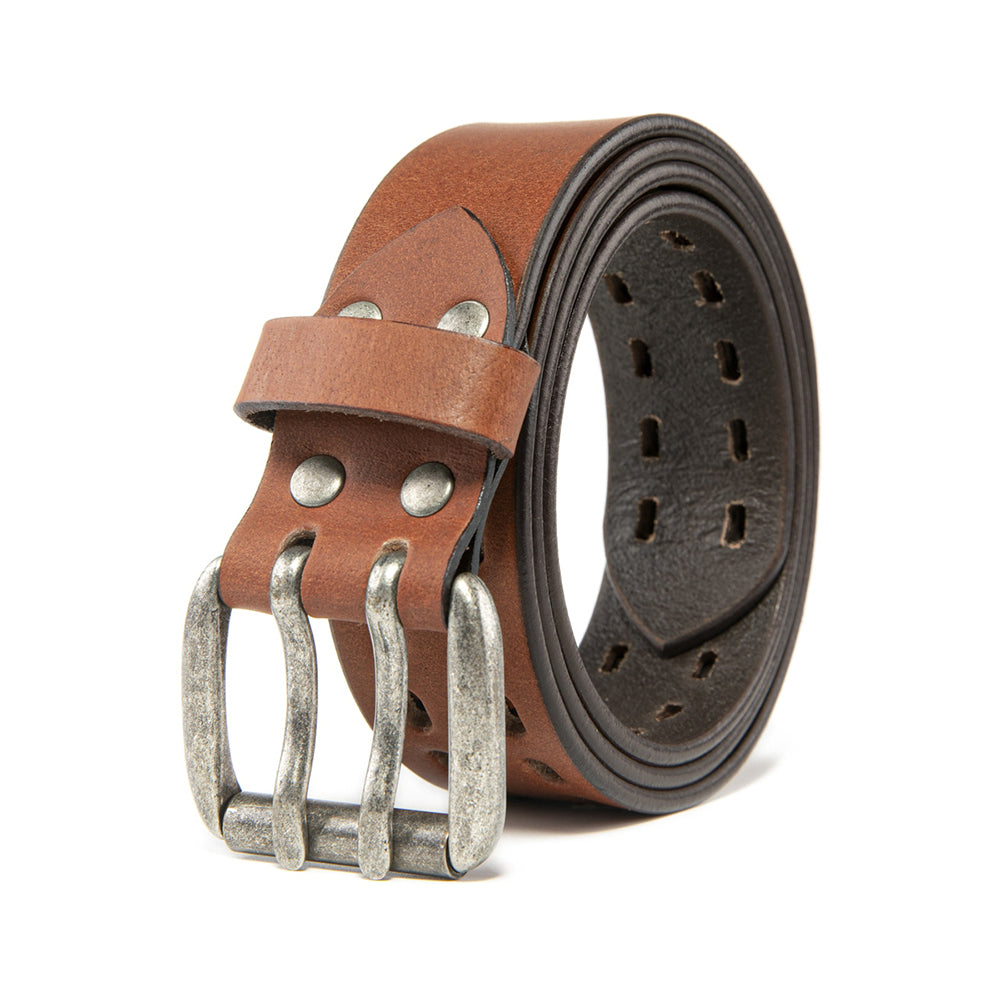 Vintage Distressed Double Prong Top Grain Leather Men's Belt