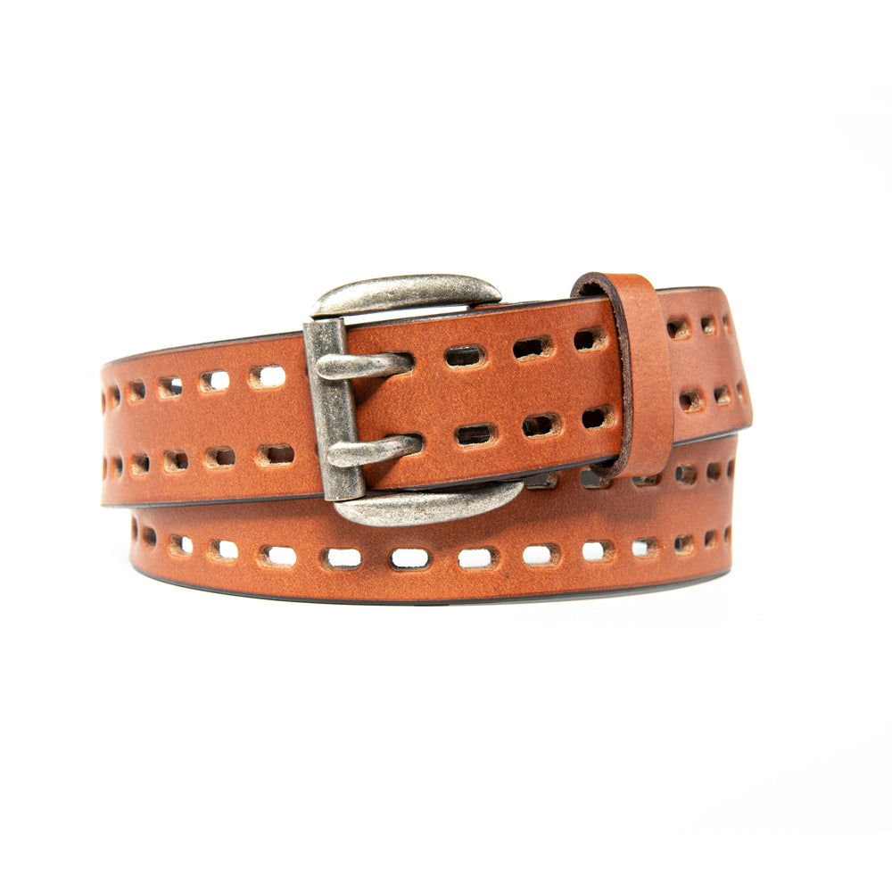 Vintage Distressed Double Prong Top Grain Leather Men's Belt