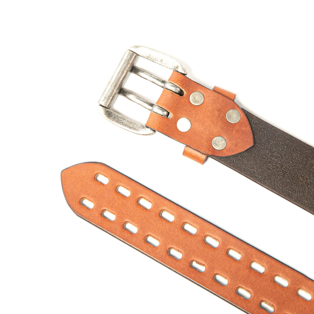Vintage Distressed Double Prong Top Grain Leather Men's Belt