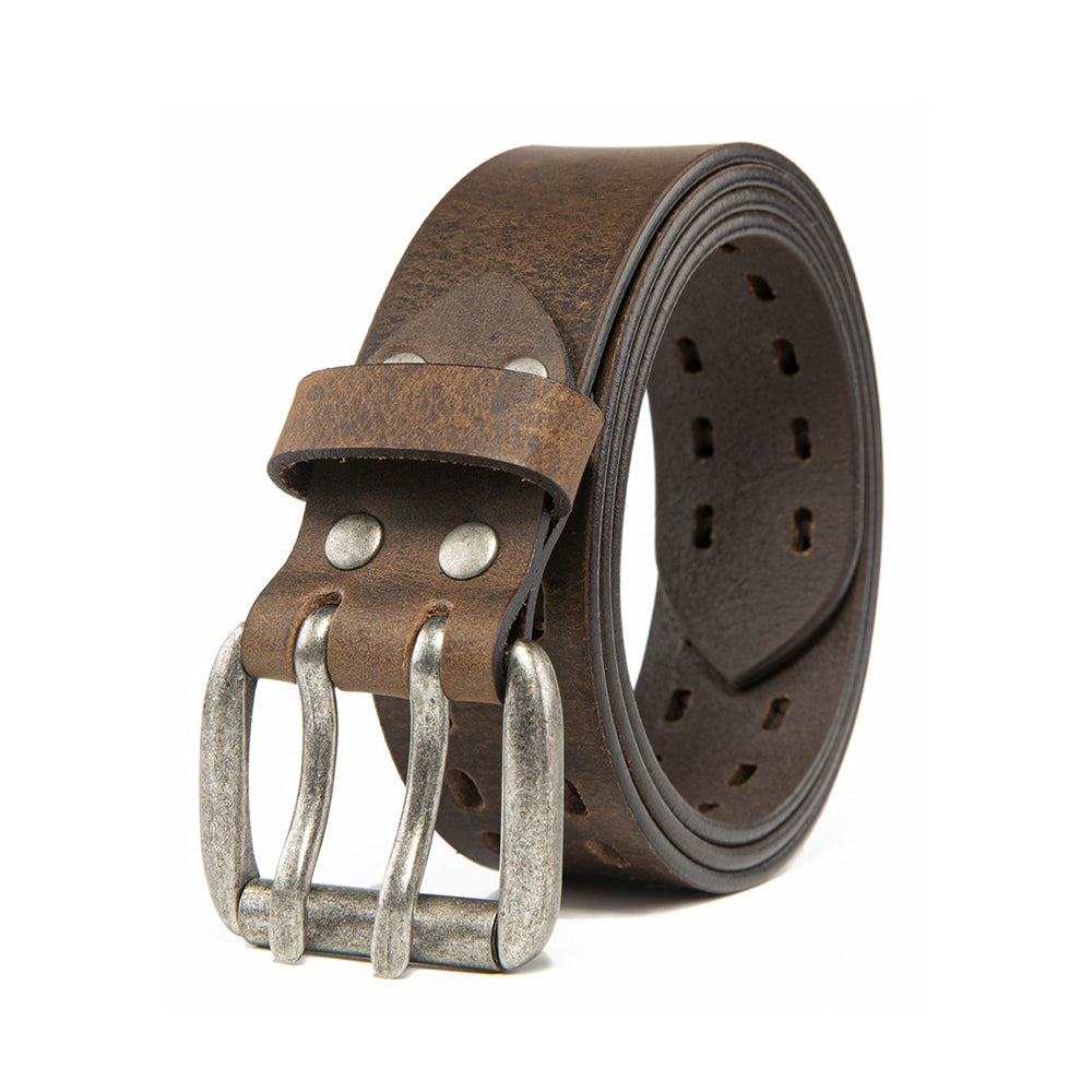 Vintage Distressed Double Prong Top Grain Leather Men's Belt