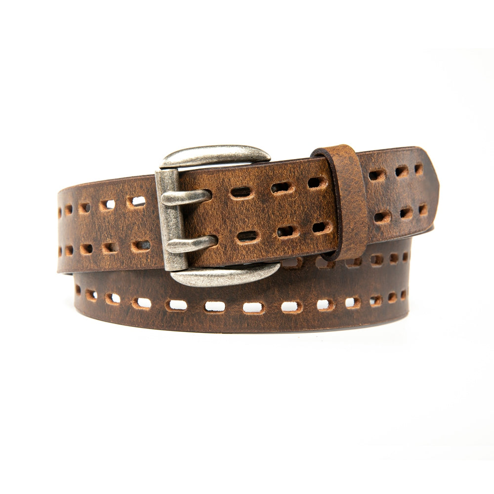 Vintage Distressed Double Prong Top Grain Leather Men's Belt