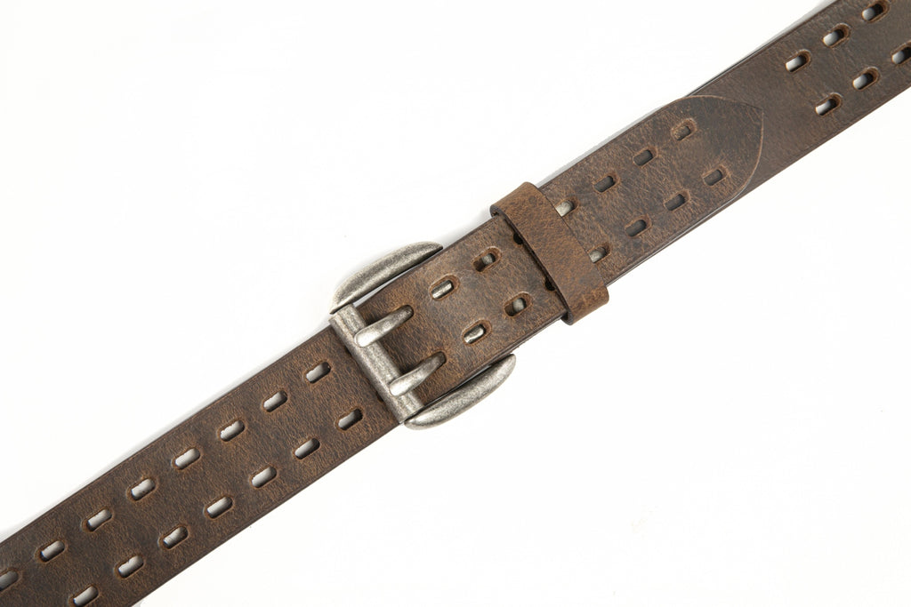 Vintage Distressed Double Prong Top Grain Leather Men's Belt