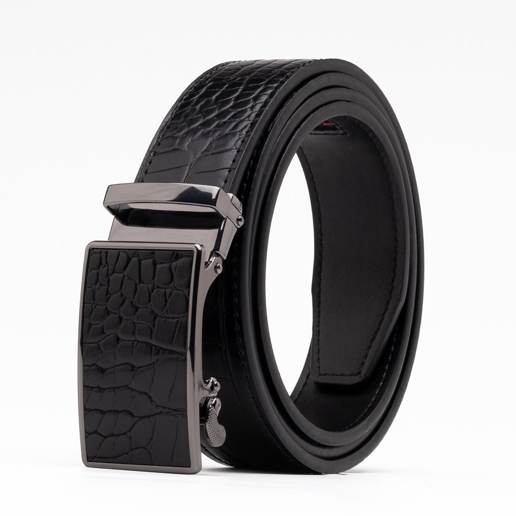 Crocodile Texture Patch Ratchet Buckle Red Teeth Men's Belt