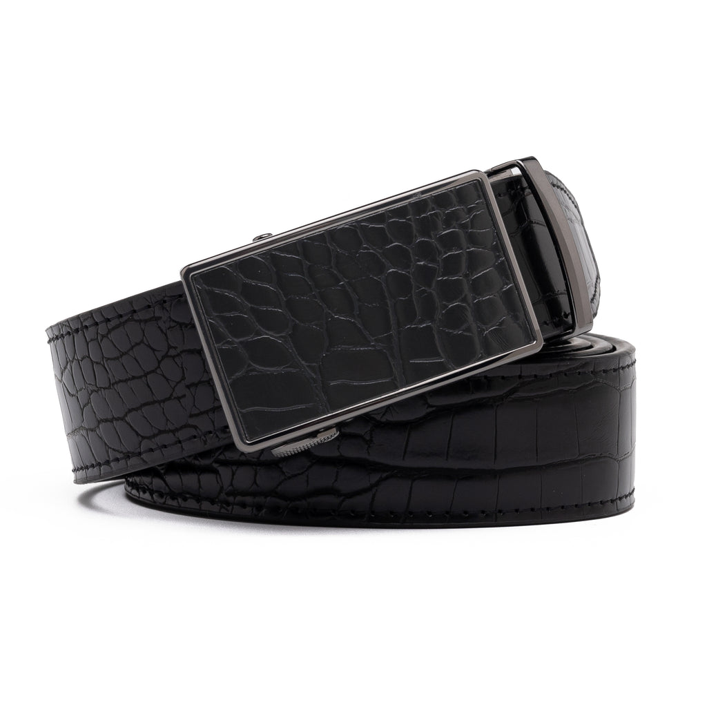 Crocodile Texture Patch Ratchet Buckle Red Teeth Men's Belt