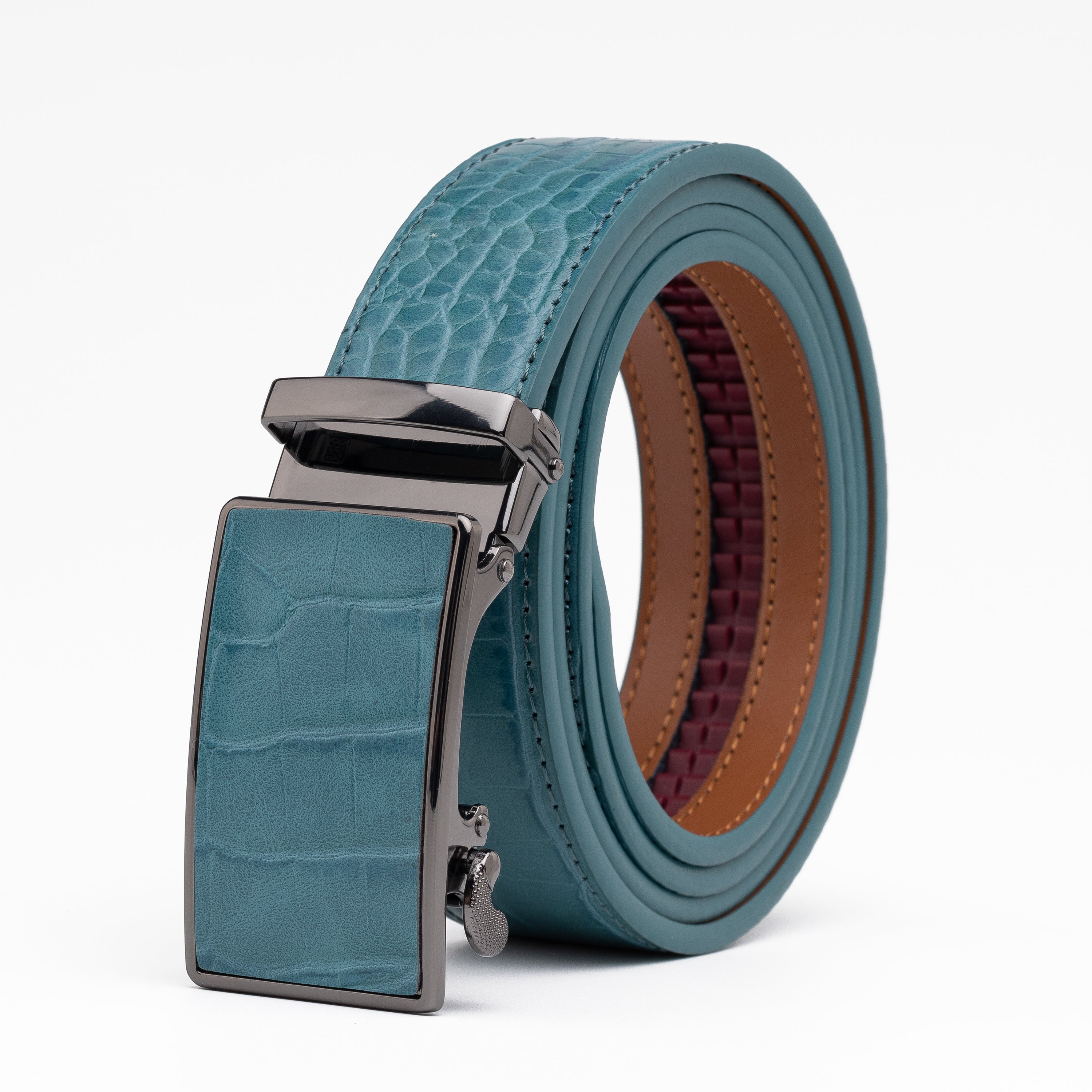 Crocodile Texture Patch Ratchet Buckle Red Teeth Men's Belt