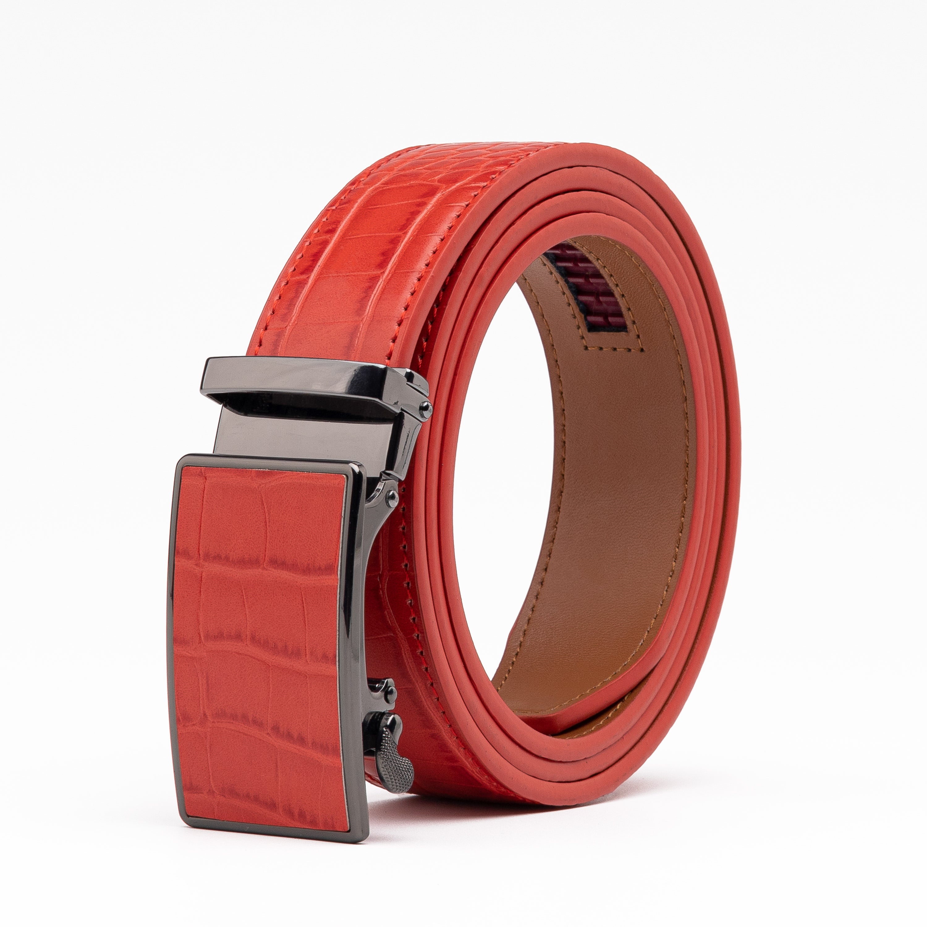 Crocodile Texture Patch Ratchet Buckle Red Teeth Men's Belt