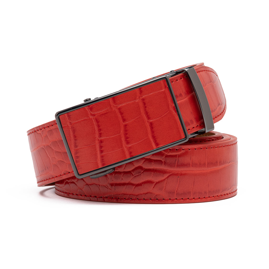 Crocodile Texture Patch Ratchet Buckle Red Teeth Men's Belt