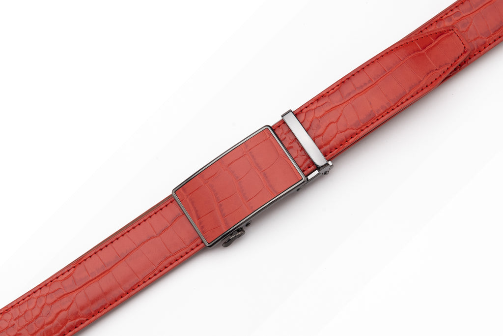 Crocodile Texture Patch Ratchet Buckle Red Teeth Men's Belt