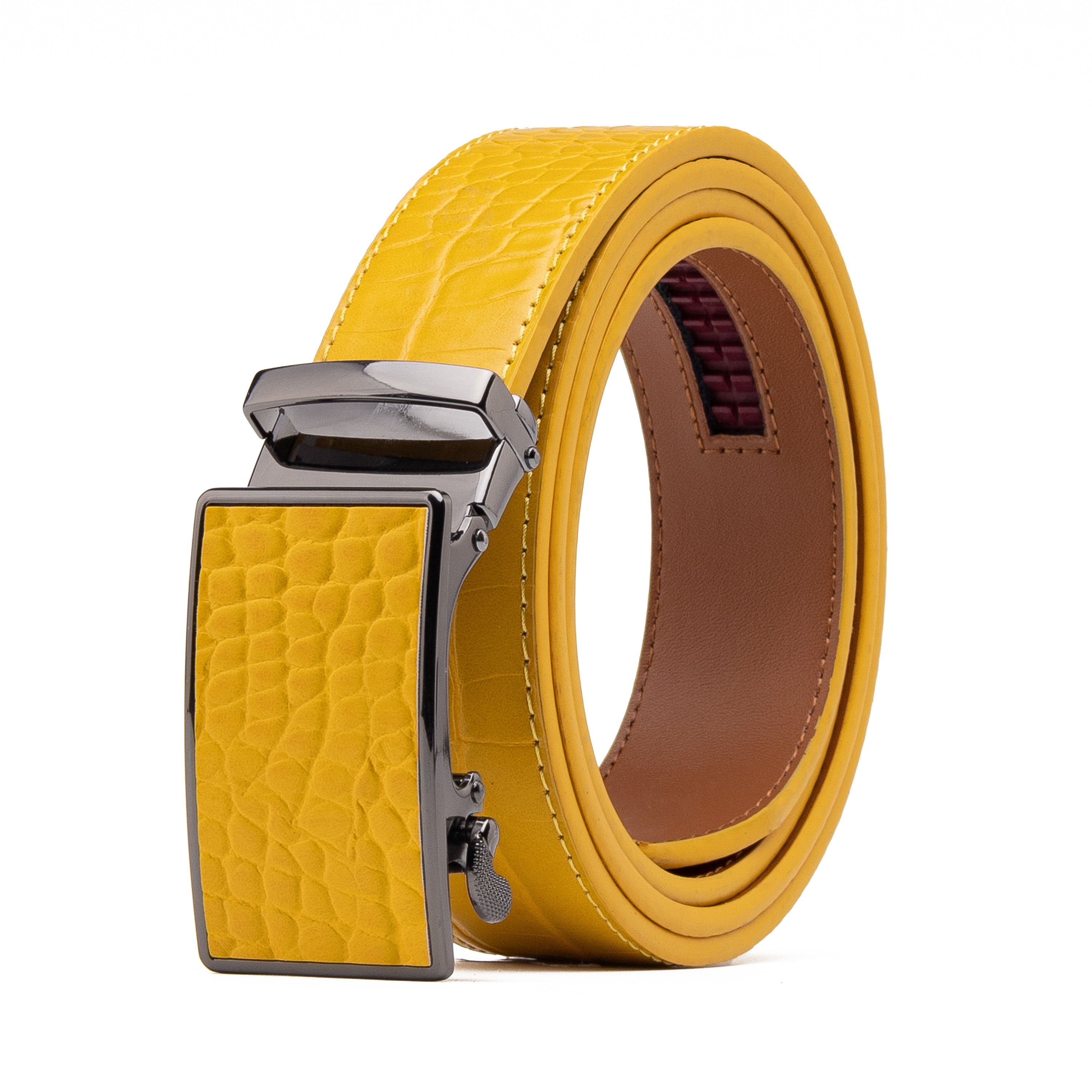 Crocodile Texture Patch Ratchet Buckle Red Teeth Men's Belt