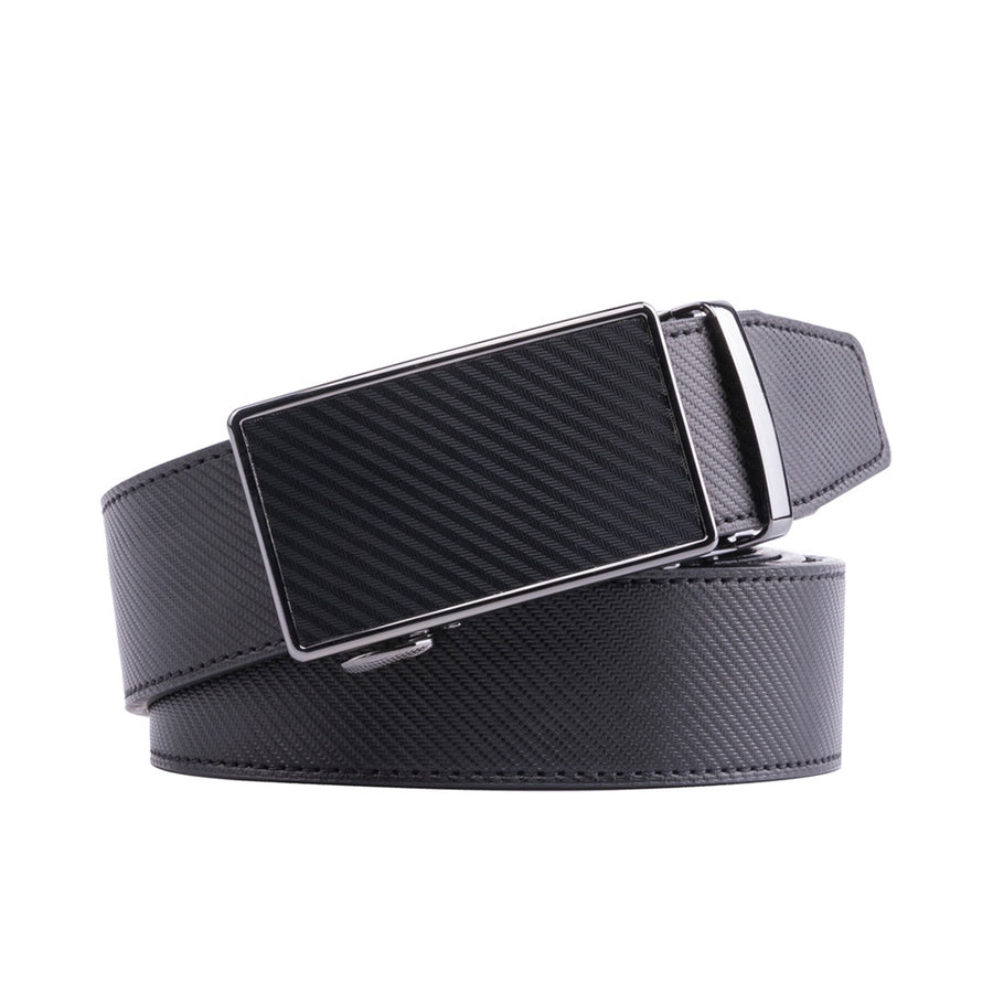 Black leather belt with rectangular gunmetal ratchet buckle and fine textured strap