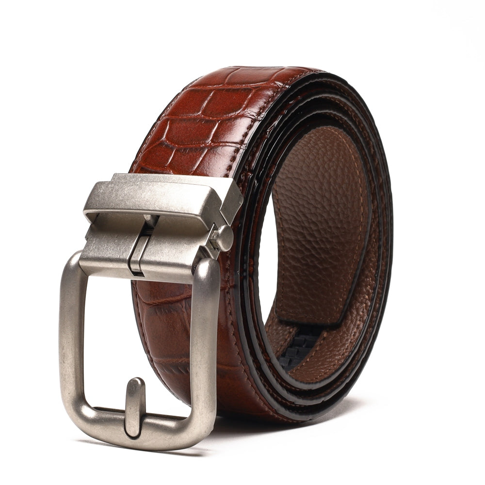 Crocodile Texture Antique Silver Ratchet Buckle Men's Belt