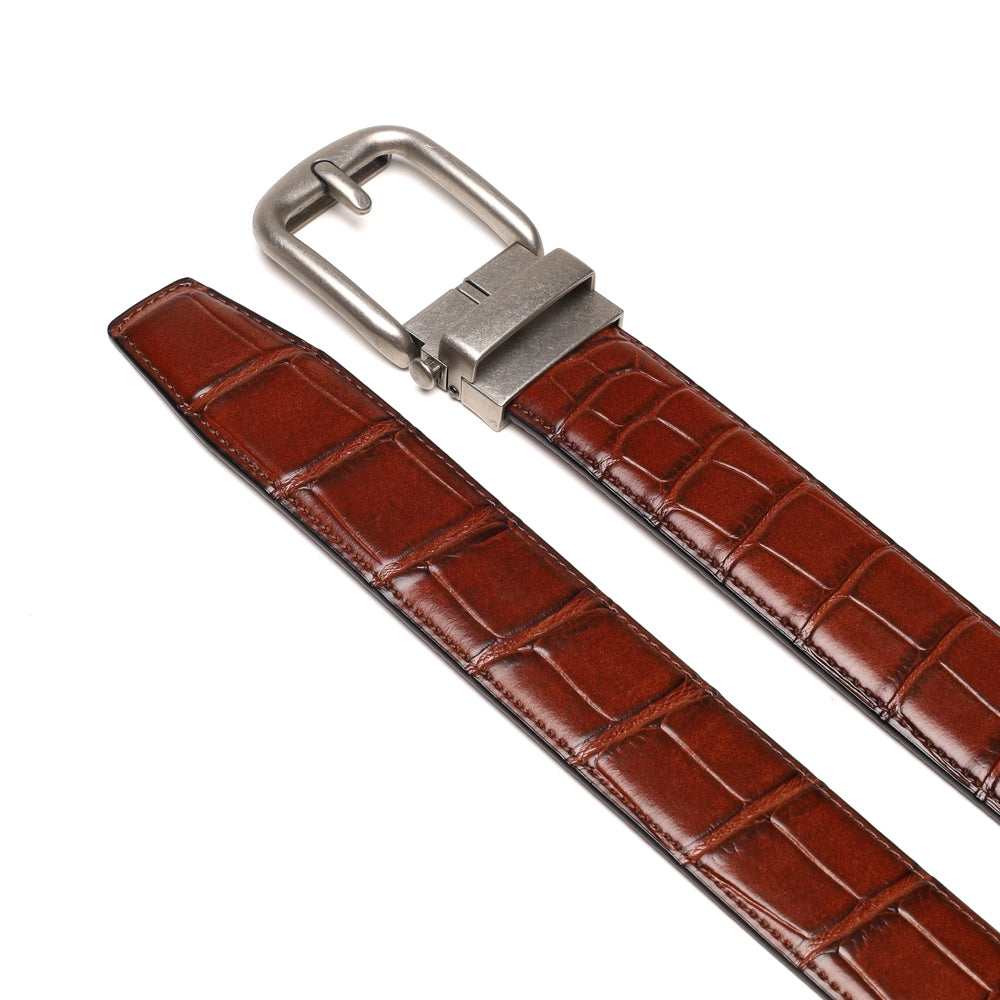Crocodile Texture Antique Silver Ratchet Buckle Men's Belt