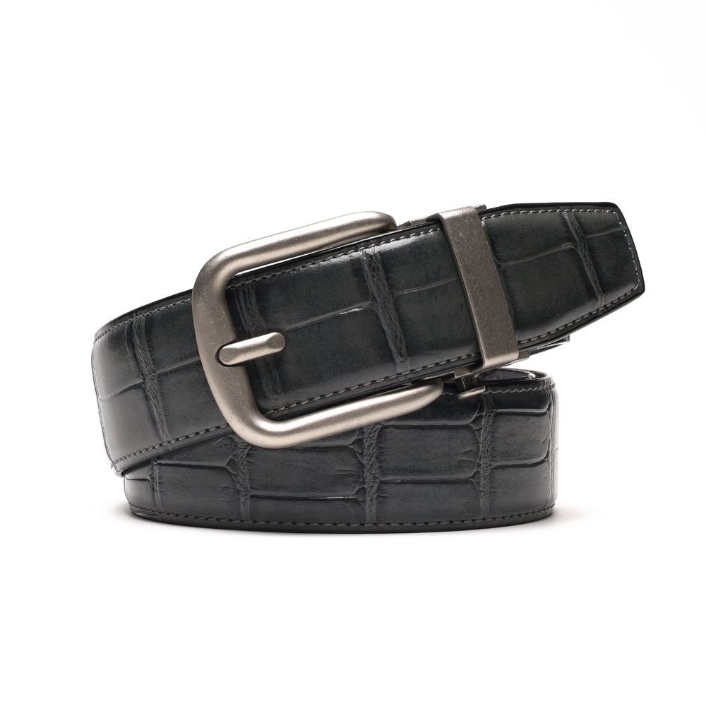 Crocodile Texture Antique Silver Ratchet Buckle Men's Belt