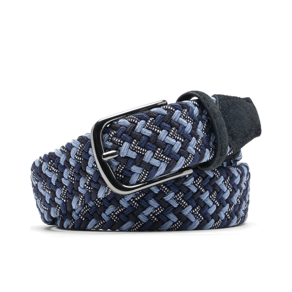 Navy braided woven belt folded beside a gunmetal single-prong buckle