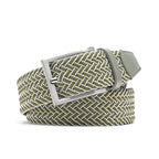 Green braided belt folded with a rectangular single-prong buckle and leather tip